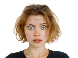 Ultra-realistic anxious woman with fearful expression standing against transparent background, wide eyes and tense posture in soft studio lighting captured with DSLR portrait setup
