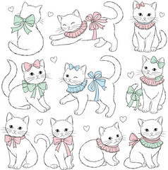 Fototapeta premium Charming collection of cute white kittens illustrated in various poses, adorned with colorful pastel bows and ruffles