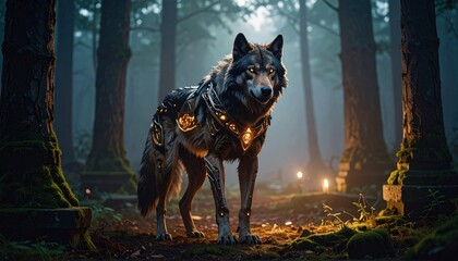Armored Wolf in Mystical Forest with Fantasy Creature Portrait.