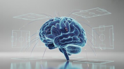 Conceptual image of a glowing human brain processing football game strategies and data, representing AI, analytics, or cognitive performance in sports.
