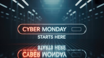Glowing 'CYBER MONDAY STARTS HERE' text in a futuristic, reflective digital tunnel, announcing the popular online shopping event.