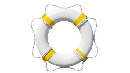 White life buoy with yellow stripes isolated PNG, safety ring with rope for swimming pool or boat...