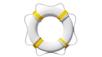 White life buoy with yellow stripes isolated PNG, safety ring with rope for swimming pool or boat rescue on transparent background