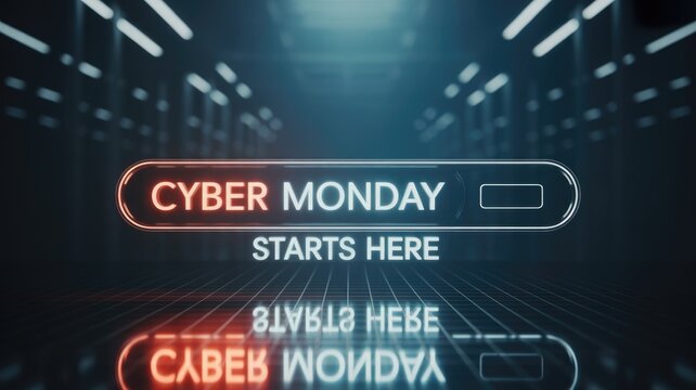 Glowing 'CYBER MONDAY STARTS HERE' text in a futuristic, reflective digital tunnel, announcing the popular online shopping event. - Powered by Adobe