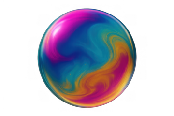 Colorful iridescent marbled sphere creating abstract swirl patterns on a transparent background