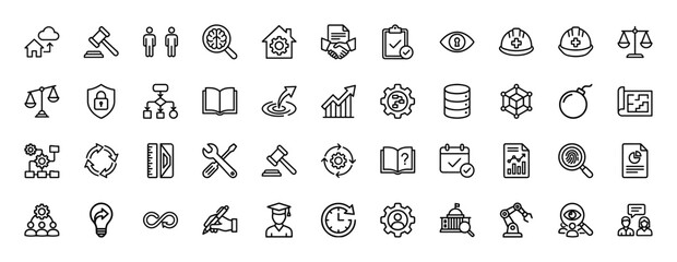Business and technology line icon set. Vector pictograms of gear, handshake, scale, flowchart, and database, thin outline illustration.