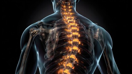 Spine Anatomy :A detailed and illuminated view of the human spine and surrounding bone structure, capturing the complexity and form of the skeletal system.