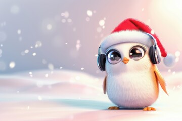 Fototapeta premium Bird with headphones and Santa hat, joyful image for Christmas marketing and holiday content