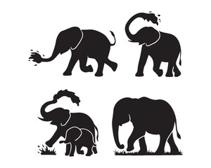 elephant raised trunk, elephant with large ears, elephant walking among trees vector silhouette illustration design set collection,  safari animal design, forest elephant scene, nature vector art, 