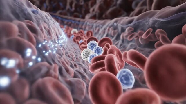 Bone marrow microcirculation, blood slowly winding through sinusoids lined with delicate endothelial cells, mature red cells, white cells, and platelets travel in layered flows