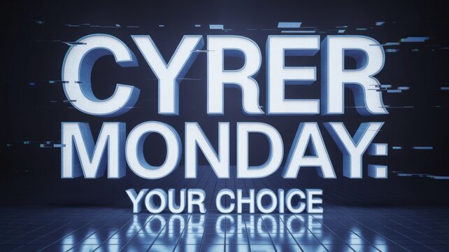 A compelling digital graphic advertises "CYBER MONDAY: YOUR CHOICE" with prominent 3D text, featuring a futuristic glitch effect and reflective floor, highlighting online shopping events.