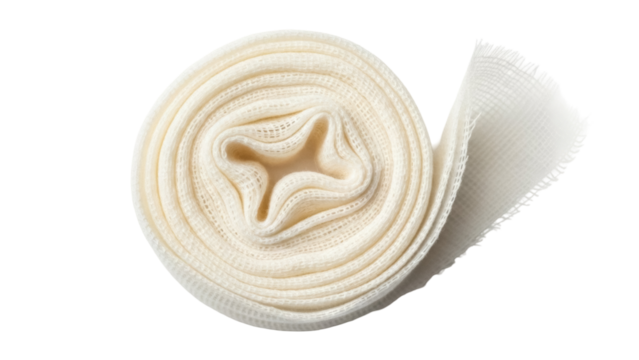 Rolled elastic bandage isolated PNG on transparent background, medical wrap for first aid and injury support, flexible and absorbent