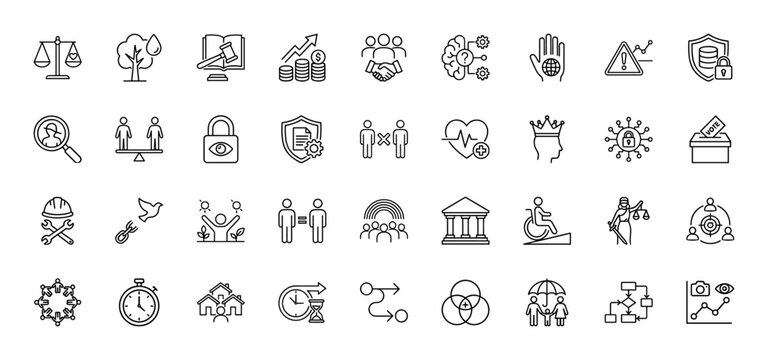 Human rights and social justice line icon set. Vector pictograms of legal scales, security, equality, and teamwork, thin outline illustration. - Powered by Adobe