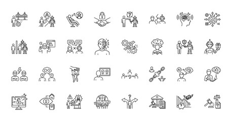 Artificial intelligence and ethics line icon set. Vector pictograms of machine learning, robot interaction, and moral dilemmas, thin outline illustration.