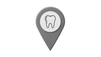 Gray location pin with tooth isolated PNG, dental clinic locator icon for maps and healthcare applications on transparent background