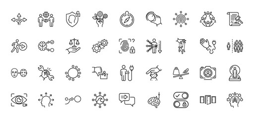Technology and business line icon set. Vector pictograms of decision making, security, automation, and innovation, thin outline illustration.