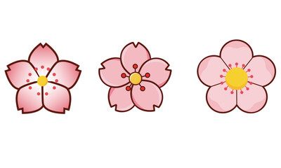 Three stylized illustrations of pink cherry blossoms on a white background