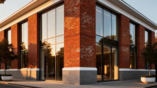 View of a sleek building exterior with classic red brick cladding arranged in a traditional pattern blending timeless appeal with modern design elements.
