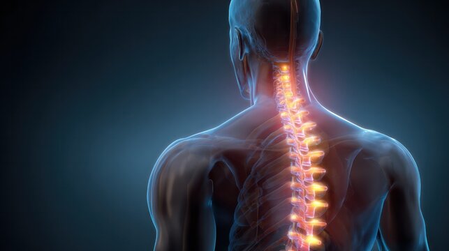 Spine Anatomy: An insightful, medical illustration showcases a detailed, illuminated view of the human spine, highlighting its structure and complexity.