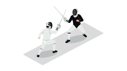Isometric design of two fencers engaging in a duel on a neutral background