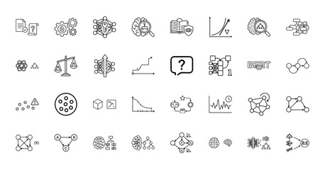 Artificial intelligence and machine learning line icon set. Vector pictograms of neural network, brain, algorithm, robot, data and deep learning, thin outline illustration.