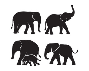 elephant raised trunk, elephant with large ears, elephant walking among trees vector silhouette illustration design set collection,  safari animal design, forest elephant scene, nature vector art, 