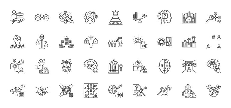 Artificial intelligence and technology ethics line icon set. vector pictograms of automation, control, privacy, and governance, thin outline illustration.