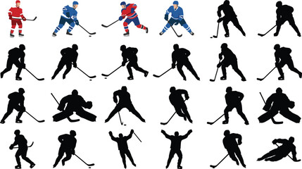 Massive ice hockey player silhouette collection, male athletes and goalies skating, stickhandling, shooting pucks, celebrating, various team sport action poses, detailed vector illustration © Sujoy