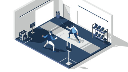 Isometric fencing duel in modern indoor sports arena