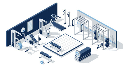 Isometric gym design with modern fitness equipment in minimalist layout