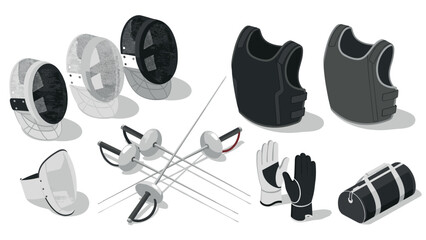 Fencing equipment set featuring masks, swords, gloves, and protective gear
