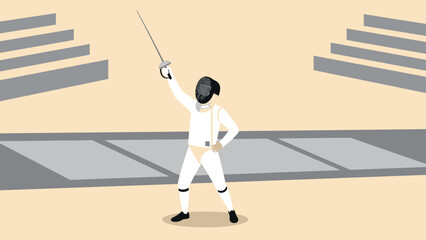 Fencer triumphantly holding sword in arena with minimalist background