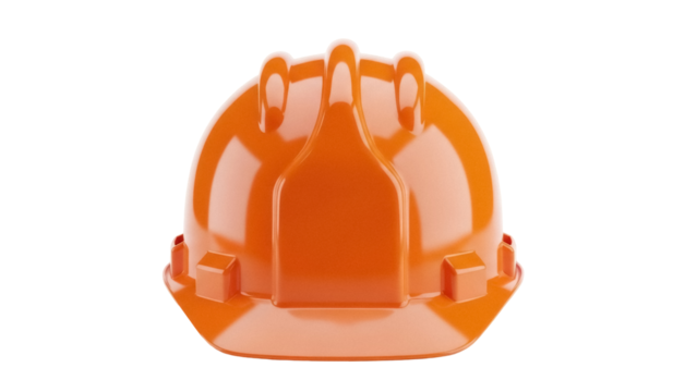 Orange hard hat PNG isolated on transparent background, construction worker safety helmet for building site and industrial protection