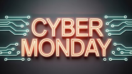 Vibrant neon "CYBER MONDAY" text glows brightly on a dark digital background, featuring circuit board elements, signifying an online shopping event.