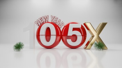 NEW YEAR 105X 3D art: white '1', red '0'/'5' split-flaps, golden 'X', pine accents, on bright reflective white.