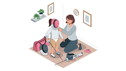 Mother teaching daughter fencing in cozy room with sports equipment and décor
