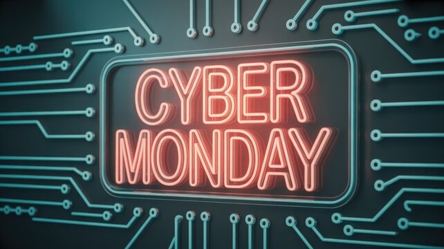 Glowing red neon 'CYBER MONDAY' sign on a futuristic circuit board, symbolizing digital shopping deals and technology sales events. - Powered by Adobe