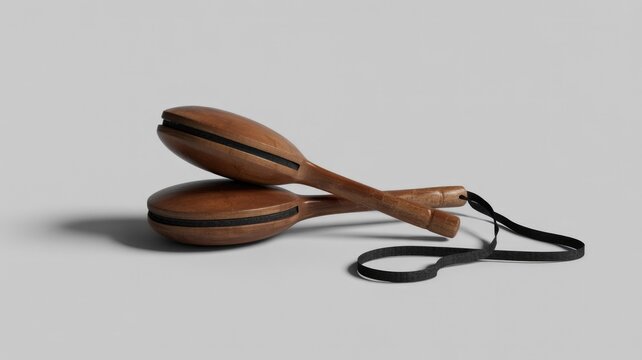 A pair of modern wooden clappers or claves with sleek design, featuring dark central accents and a black wrist strap, resting on a light gray surface.