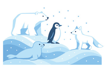 Naklejka premium Arctic Animals Vector. Winter Arctic Set. Flat minimalist vector illustration of a Winter Arctic Set. Stylized