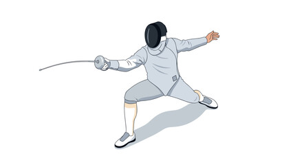 Dynamic fencing pose in full gear with sword and helmet on white background