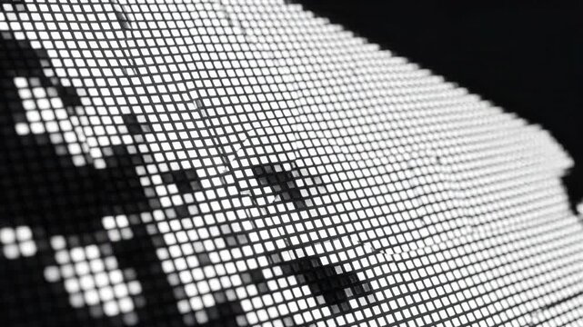 Extreme macro close up of individual squared pixels slowly lighting up and scrolling across a high-resolution blank display surface scrolling across, texture, structure