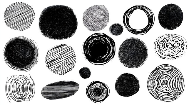 Hand-drawn black circles and ovals for highlighting text, black doodle scribble scrapbook isolated on white background Stock Illustration 