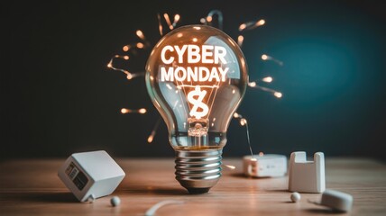 A glowing lightbulb brilliantly displays 'CYBER MONDAY' and a dollar sign, surrounded by festive string lights, symbolizing online shopping deals and innovative savings.