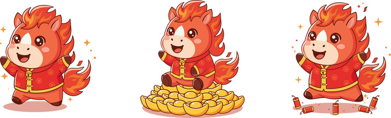 Cute cartoon horse celebrating Chinese New Year with gold and firecrackers