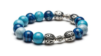 Vibrant blue and turquoise natural stone bead bracelet with polished spheres and intricate silver-toned accent beads, elegantly displayed on white background.