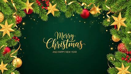 Christmas Tree Border with Ornaments and Gold Stars