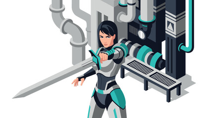 Fototapeta premium Futuristic warrior with sword in industrial sci-fi environment