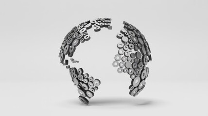 A conceptual globe structure, formed from numerous silver gears, is split into two halves, symbolizing fragmentation or complex global systems.