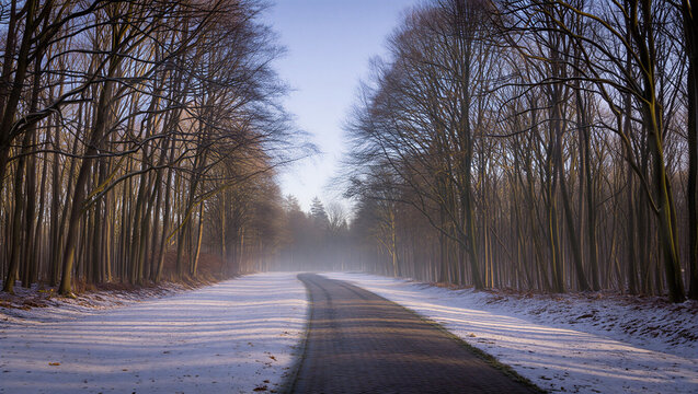 A solitary paved road winds through a misty winter forest with snow covered ground and bare trees under a pale sky First Day of Winter
