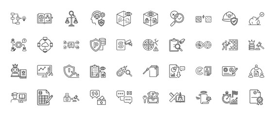 Business and security line icon set. vector pictograms of strategy, data analysis, law, blockchain, and quality control, thin outline illustration.
